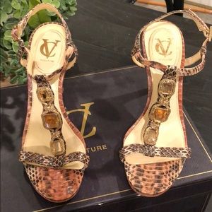 Vero Cuoio Nude/Salmon Jeweled Snakeskin Sandals - image 1